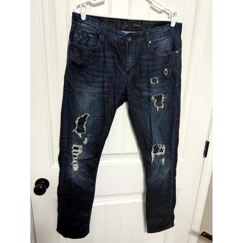 Guess Slim Tapered Jeans‎ Mens 33 Blue Distressed Patched Denim Pants